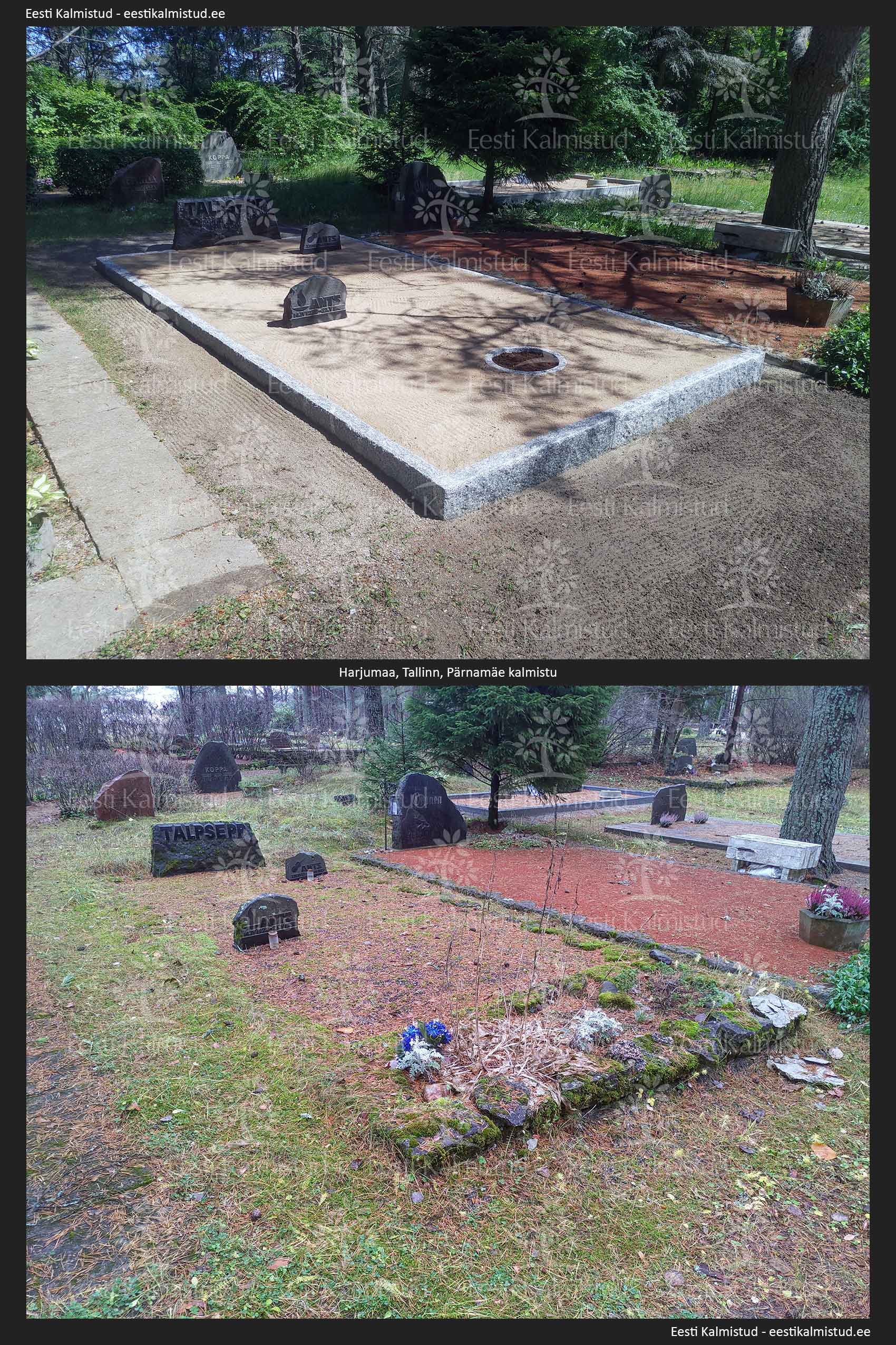 murtud hallist graniidist hauapiirded, hauakivide puhastamine ja paigaldamine, hauavaasi paigaldamine, liivaga katmine (all geotekstiil)